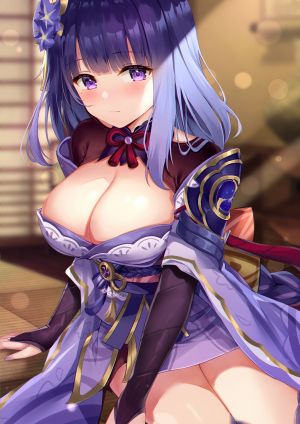 天祈eric,雷電将軍,原神,前发,露肩,三股辫,breasts,cleavage,发饰,和服,长发,长袖,视线正对,オビ,紫色眼,紫发,single