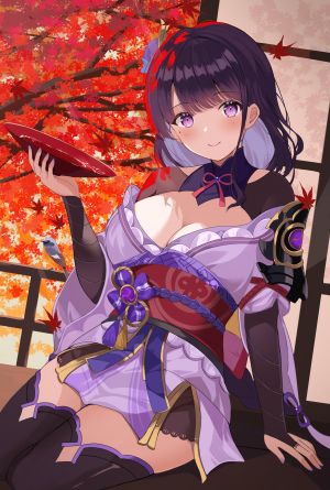 原神,雷電将軍,rererere_mon,single,长发,長身像,视线正对,脸红,breasts,笑顔,紫色眼,cleavage,紫发,传统服装,和服,少女,オビ