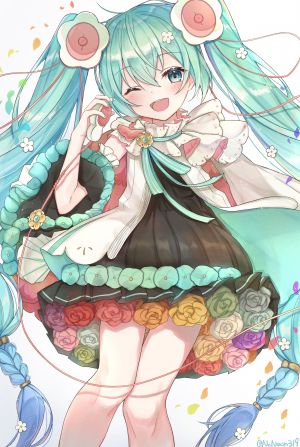 VOCALOID,魔法未来演唱会,初音ミク,noneon319,single,長身像,视线正对,脸红,前发,開口,双马尾,超长发,挤眼