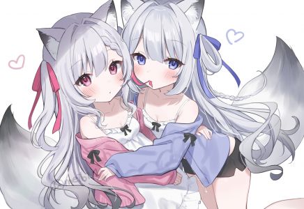 meibi_1,原创,兽耳,碧眼,脸红,三股辫,连衣裙,萝莉,长发,缎带,双胞胎,white,signed