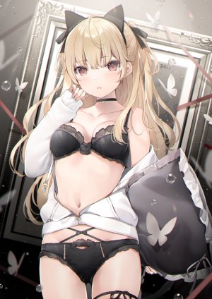 原创,6U☆,兽耳,露肩,金发,脸红,bra,胸部,蝴蝶,猫耳,项圈,cleavage,holding,长发,长袖,视线正对,横乳,露脐,胖次,红色眼,缎带,single,下着,超长发