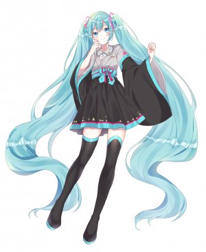 初音ミク,VOCALOID,mizuamemochimochi,碧眼,青发,全身,发饰,和服,长发,长袖,视线正对,短裙,笑顔,single,黑丝,双马尾,白背景,絶対領域