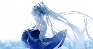 VOCALOID,初音ミク,上官绯樱,single,highres,前发,wide_image,白背景,双马尾,青发,风