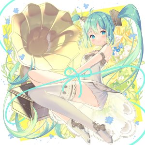 VOCALOID,miku_symphony,初音ミク,ikari,single,脸红,前发,笑顔,双马尾,呆毛,全身,超长发,闪亮,少女