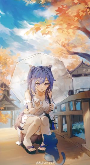 swkl:d,刻晴,原神,连衣裙,猫,夏装,雨伞