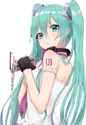 VOCALOID,初音ミク,applepie,长发,single,長身像,脸红,视线正对,前发,開いた口,碧眼,双马尾,露肩,holding