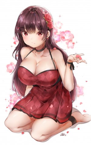 少女前線,WA2000,hiromaster_sinta_jh,前发,裸足,露肩,脸红,胸部,茶发,项圈,cleavage,连衣裙,发饰,巨乳,长发,视线正对,花瓣,rose,坐姿,single,weapon