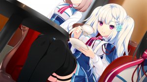 pero,うすめ四郎,風嶺茉莉花,原创,白刃きらめく恋調べ,游戏CG,前发,胸部,茶发,holding,长发,视线正对,横乳,坐姿,短裙,貧乳,笑顔,黑丝,白发