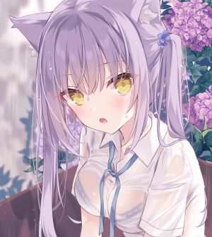 hoshi,原创,兽耳,前发,bra,breasts,衬衫,发饰,长发,视线正对,開口,紫发,rain,缎带,single,双马尾,下着,超长发,湿身,黄色眼