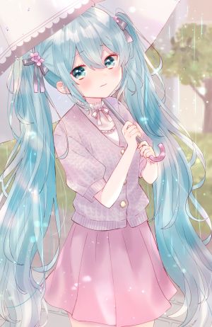 初音ミク,メルト,VOCALOID,あでりーぬ,脸红,holding,长发,rain,衬衫,短裙,single,双马尾,雨伞,超长发,白发