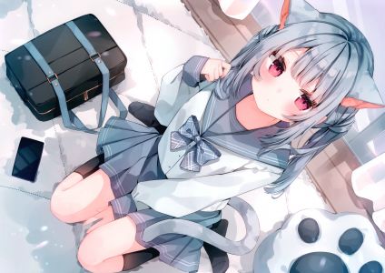 heripiro,原创,兽耳,脸红,猫娘,kneehighs,红色眼,学校制服,衬衫,短裙,双马尾,scan