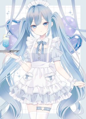 初音ミク,VOCALOID,paruno,脸红,连衣裙,绿色眼,绿发,holding,冰淇淋,长发,视线正对,女仆,蜜瓜苏打,開口,single,丝袜,双马尾,超长发,白丝