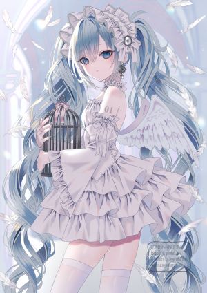 初音ミク,VOCALOID,paruno,露肩,碧眼,青发,项圈,连衣裙,羽毛,holding,萝裙,长发,视线正对,single,tattoo,丝袜,双马尾,超长发,白丝,翅膀,絶対領域