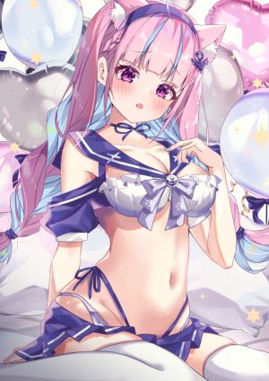 chierishu,湊あくあ,Hololive,兽耳,猫耳,No-Bra,胖次,丝袜