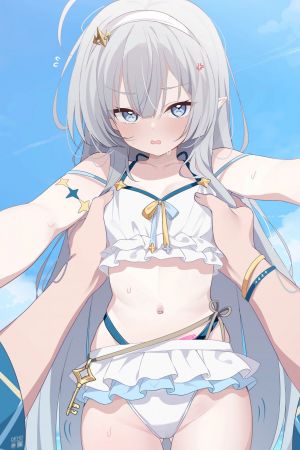 星塔旅人,deyui,呆毛,露肩,水着,碧眼,breasts,灰发,露脐,尖耳,POV,泳装