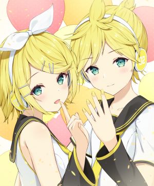 VOCALOID,鏡音リン,鏡音レン,脸红,绿色眼,ユメノネ