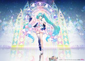 藤ちょこ,初音ミク,魔法未来演唱会,piapro,VOCALOID,露肩,铃,黑丝,连衣裙,全身,手套,发饰,holding,长发,视线正对,開いた口,天空,笑顔,single,双马尾