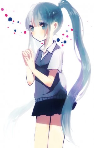 VOCALOID,初音ミク,三田,碧眼,青发,脸红,长发,马尾辫,学校制服