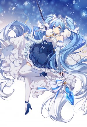 VOCALOID,初音ミク,雪ミク,雪未来,雪ミク2019,肿柴,single,長身像,视线正对,前发,碧眼,双马尾,青发,全身,超长发,少女,黑丝,连衣裙