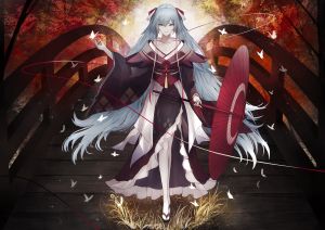 VOCALOID,初音ミク,marumoru,single,视线正对,highres,前发,笑顔,双马尾,和服,全身