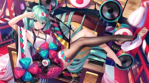 pupupu,初音ミク,VOCALOID,脸红,胸部,cleavage,乐器,和服,萝裙,神龛,黑丝,双马尾,魔法未来演唱会