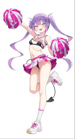 常暗トワ,Hololive,猫乃介,bra,breasts,啦啦队,恶魔娘,全身,绿色眼,发饰,holding,长发,视线正对,迷你短裙,露脐,開口,胖次,粉发,褶皱裙,尖耳,紫发,短裙,笑顔,single,双马尾,下着