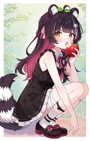 raki_kazuki,独立虚拟YouTuber,hitsukuya,呆毛,兽耳,apple,创可贴,棕色眼,茶发,连衣裙,发饰,holding,长发,视线正对,粉发,缎带,衬衫,single,Vtuber