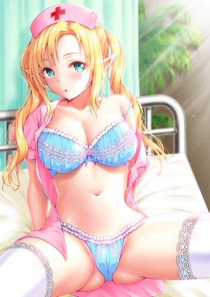 綾瀬水音,原创,金发,脸红,bra,胸部,cleavage,精灵,巨乳,lingerie,视线正对,露脐,护士,胖次,尖耳,坐姿,single,黑丝,双马尾,下着