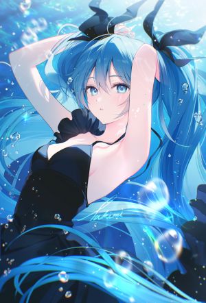 VOCALOID,初音ミク,takimii,single,長身像,视线正对,前发,脸红,breasts,双马尾,超长发,少女,连衣裙