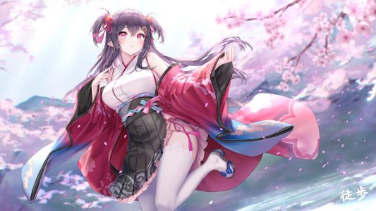 原创,kachayori,露肩,脸红,breasts,樱花,发饰,和服,长发,长袖,视线正对,花瓣,尖耳,紫色眼,紫发,缎带,短裙,single,丝袜,白丝