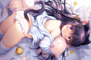 笹井さじ,原创,兽耳,猫娘,连帽衫,萝莉,长发,睡衣,胖次,panty_pull,紫色眼,紫发,黑丝,下着,signed