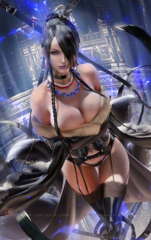 最终幻想,SquareEnix,ルル,sakimichan,single,长发,長身像,视线正对,前发,breasts,黑发,红色眼,cleavage