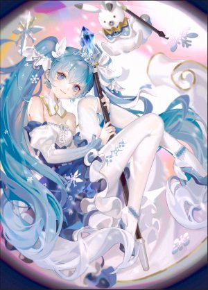 VOCALOID,初音ミク,雪ミク,雪未来,雪ミク2019,samo,single,長身像,视线正对,前发,碧眼,双马尾,青发,超长发,少女,动物,黑丝