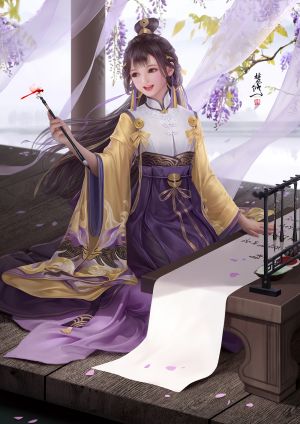 原创,fan_xiu,single,长发,長身像,前发,開いた口,黑发,笑顔,坐姿,holding,传统服装,直刘海,风