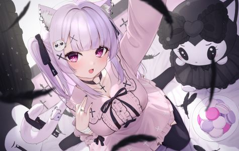 原创,月兎,兽耳,前发,黑丝,猫耳,猫娘,猫尾,cleavage,项圈,连衣裙,羽毛,发饰,跪姿,长发,马卡龙,紫色眼,紫发,笑顔,single