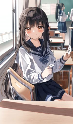 原创,緒沙奈成華,ぺんたごん,长发,長身像,视线正对,脸红,黑发,坐姿,棕色眼,长袖,褶皱裙,少女,短裙
