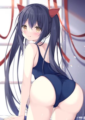 皐月ゆきみ,wendy_marvell,妖精的尾巴,前发,露肩,黑发,脸红,棕色眼,cameltoe,长发,视线正对,回头看,缎带,死库水,笑顔,single,泳装,双马尾,超长发