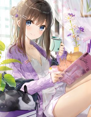 原创,ふーみ,动物,前发,碧眼,脸红,胸部,茶发,兔子,cleavage,包子头,发饰,holding,长发,长袖,视线正对,坐姿,貧乳,笑顔,single