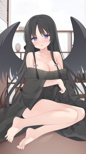 jyt,原创,露肩,黑发,cleavage,发饰,和服,长发,视线正对,紫色眼,坐姿,single,超长发,翅膀