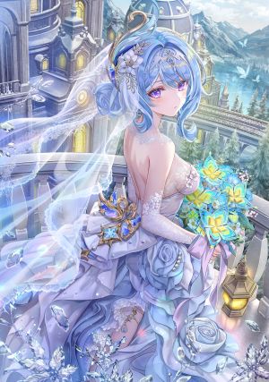 原神,torino_aqua,青发,脸红,花束,breasts,连衣裙,holding,视线正对,紫色眼,single,婚纱