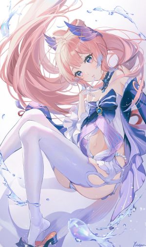 原神,珊瑚宮心海,yutou75,single,長身像,highres,light_erotic,紫色眼,粉发,超长发,少女,丝袜,白丝