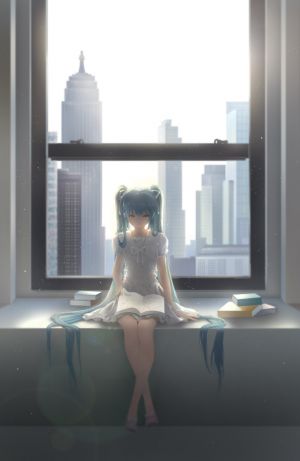 VOCALOID,初音ミク,上官绯樱,single,長身像,前发,双马尾,坐姿,青发,天空,全身,裸足