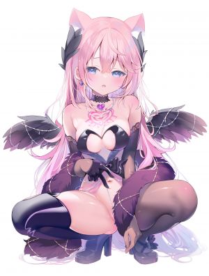 桜田ハネ,独立虚拟YouTuber,飴乃うさリ,兽耳,露肩,碧眼,脸红,breasts,猫耳,项圈,cleavage,手套,长发,视线正对,露脐,粉发,猫咪,single,丝袜,Vtuber,翅膀