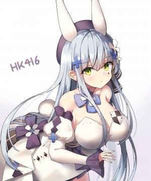 hk416,少女前線,sobmarine,兽耳,前发,露肩,青发,脸红,胸部,兔耳,cleavage,连衣裙,绿色眼,发饰,巨乳,长发,长袖,视线正对,single,超长发,白背景