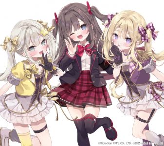 tsukushi_aria,re:act,hoshi,金发,碧眼,茶发,衬衫,手套,灰发,发饰,长发,视线正对,挤眼,褶皱裙,短裙,笑顔,丝袜,双马尾,超长发,Vtuber,白背景