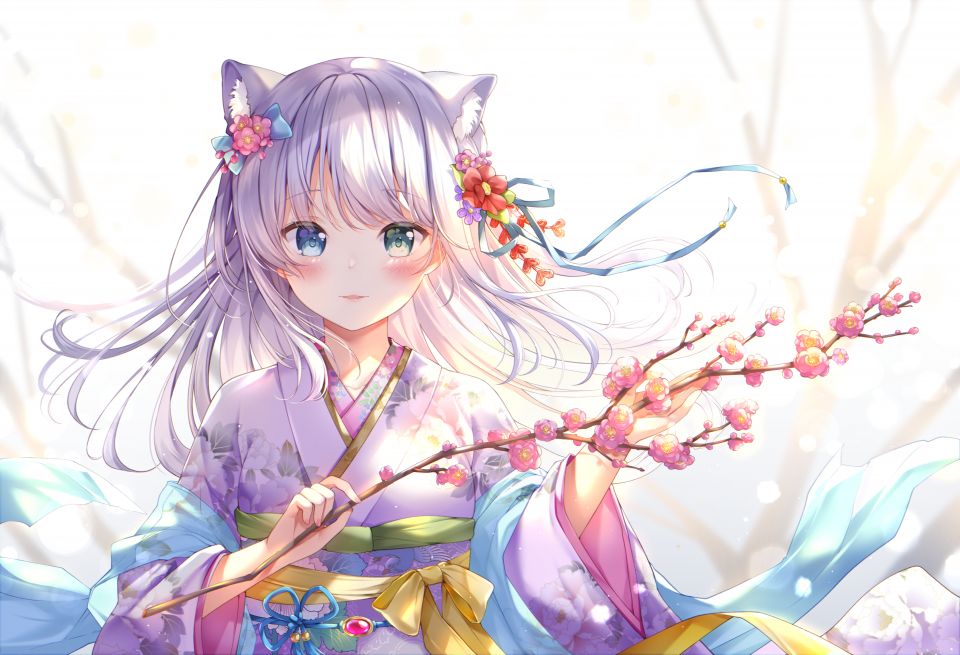 桜もよん 原创 兽耳 前发 碧眼 脸红 猫耳 猫娘