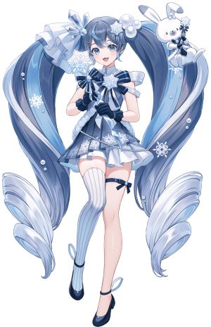 初音ミク,雪ミク,雪未来,crypton_future_media,piapro,VOCALOID,tokki,动物,青发,连衣裙,全身,手套,发饰,holding,长发,缎带,笑顔,single,丝袜,双马尾,超长发,白发,白丝