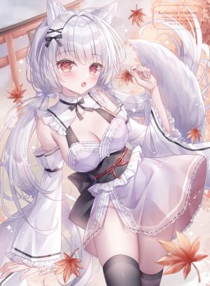原创,小日向ほしみ,兽耳,黑丝,脸红,breasts,cleavage,连衣裙,狐娘,发饰,leaf,长发,长袖,视线正对,開口,红色眼,single,丝袜,双马尾,白发