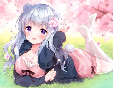 原创,irori,兽耳,cleavage,连衣裙,发饰,长发,视线正对,横臥,開いた口,紫色眼,笑顔,single,黑丝,白丝