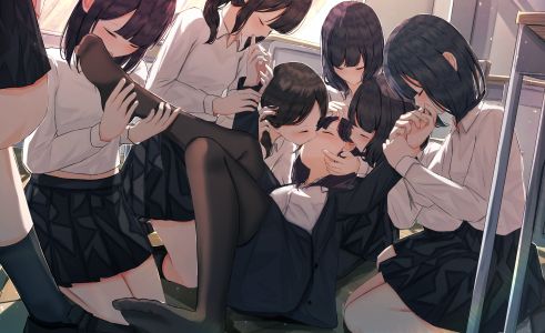 原创,べねぼれ,黑发,脸红,跪姿,长袖,横臥,裤袜,学校制服,坐姿,短裙,百合